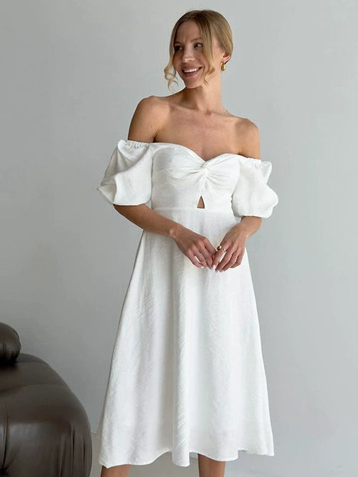 Off-Shoulder Twist Front Midi Dress - White