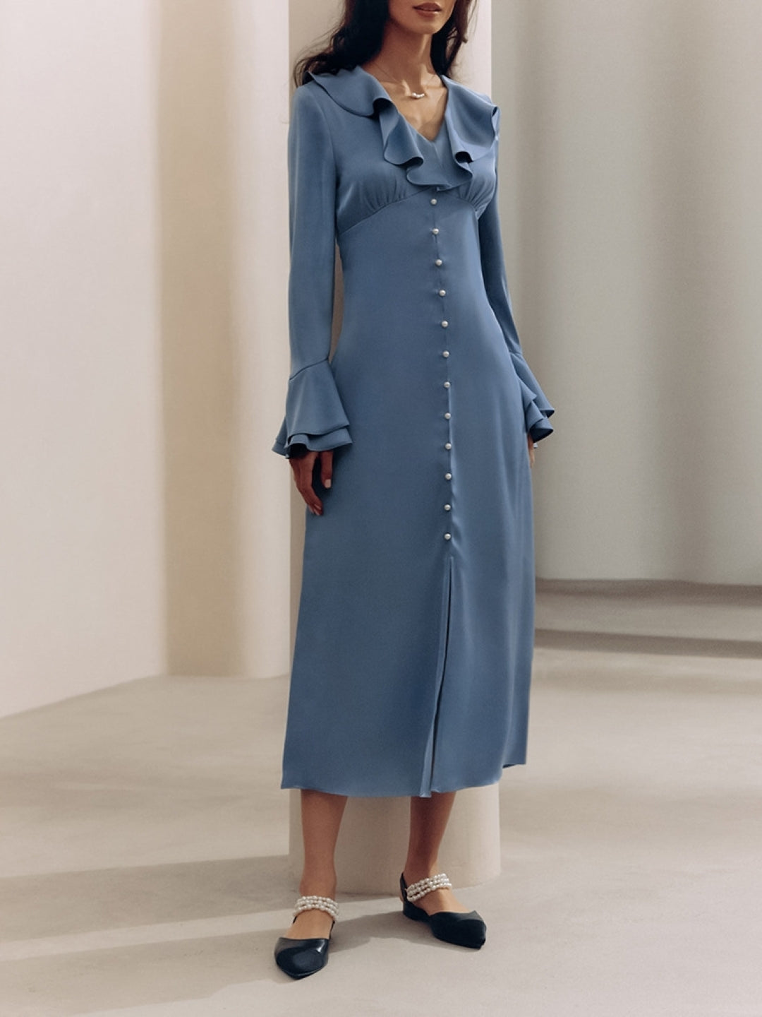 Ruffle Collar Button-Down Midi Dress - Blue