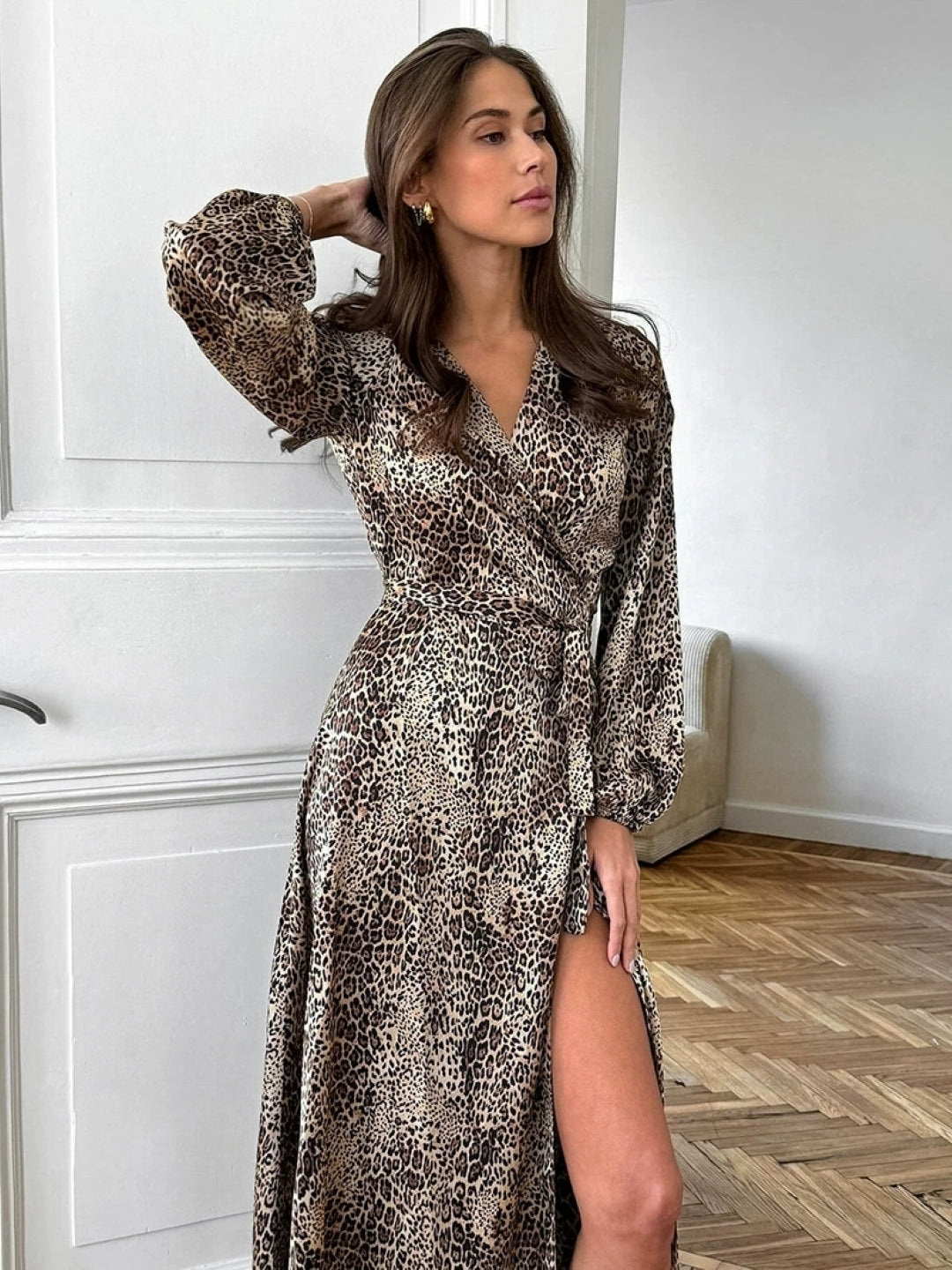 Leopard Print Wrap Midi Dress - Brown