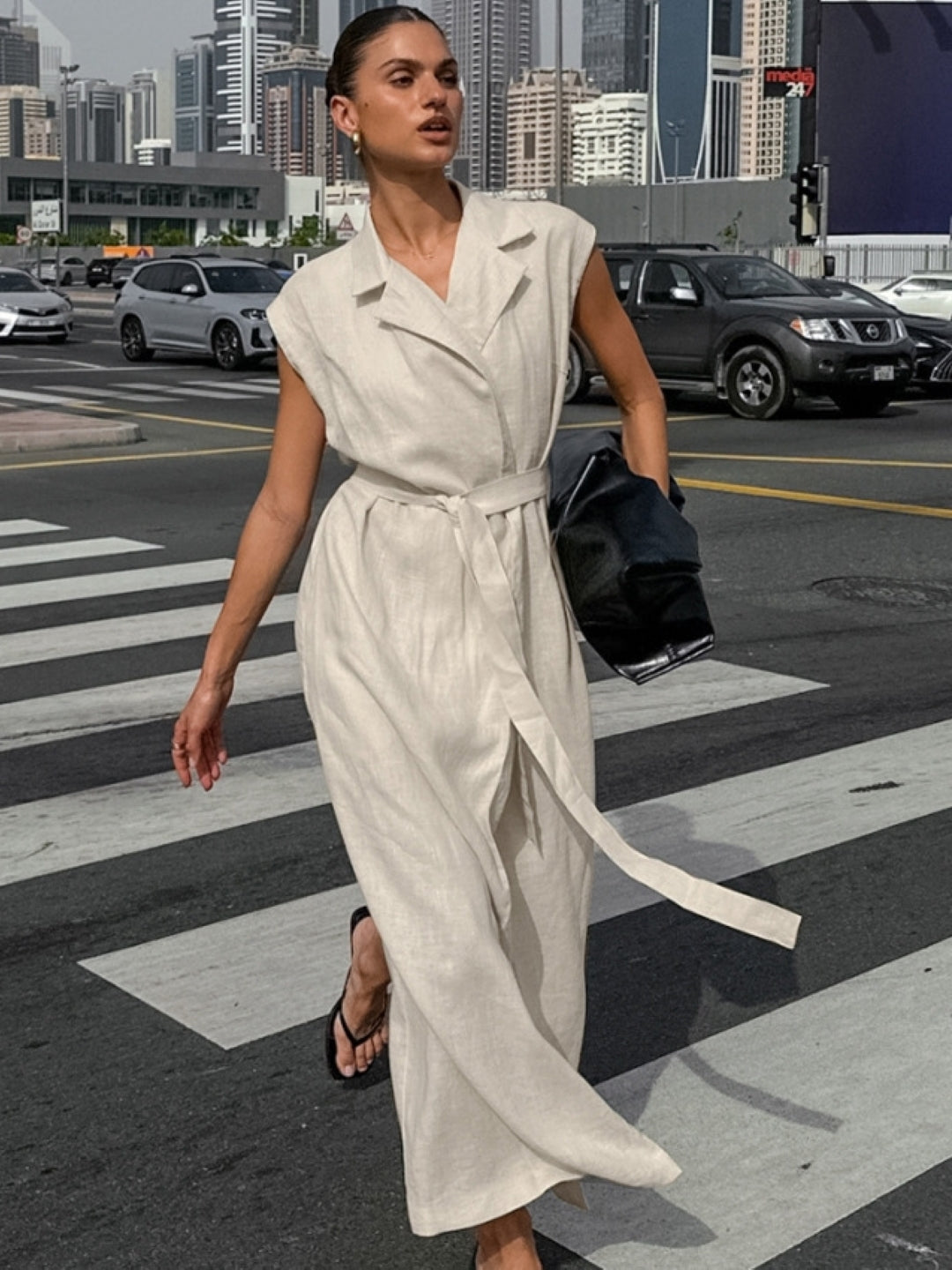 Khaki Sleeveless Belted Maxi Dress