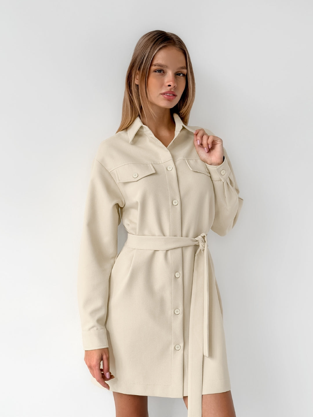 Chic Belted Beige Shirt Dress