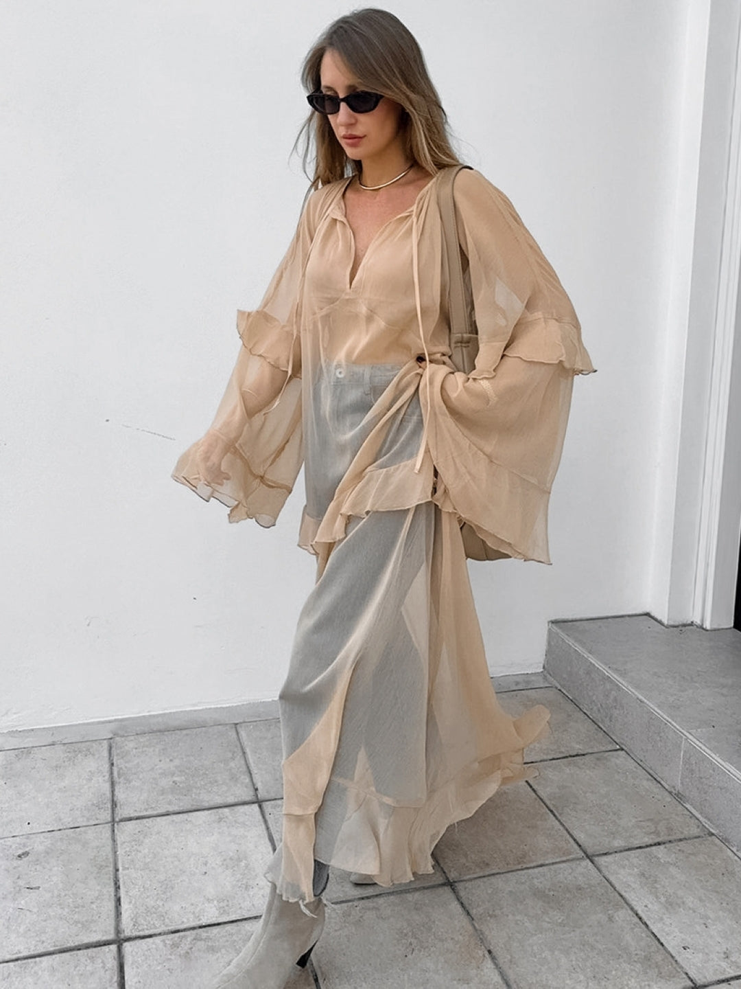 Sheer Khaki Maxi Dress with Flowing Silhouette
