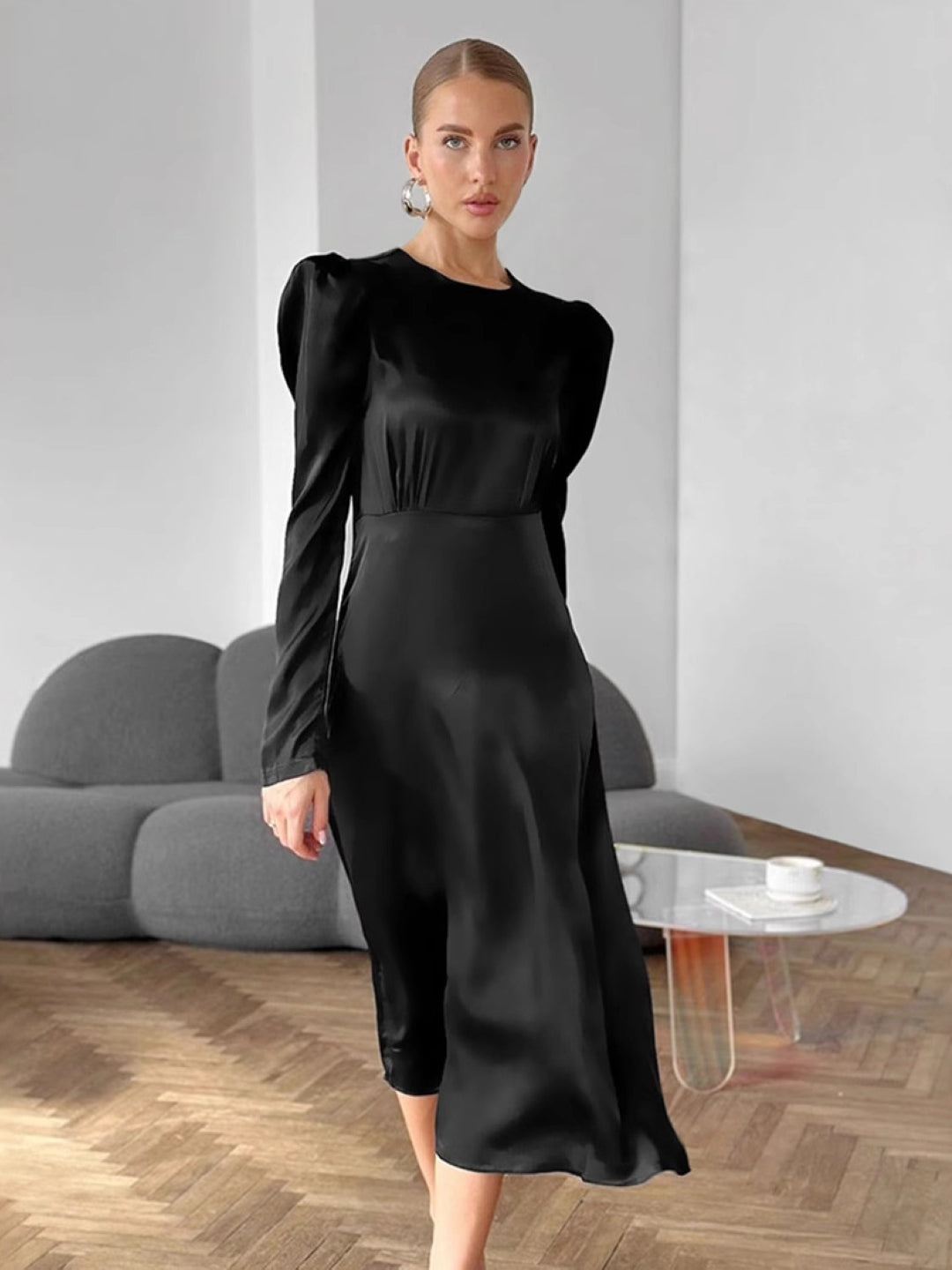 Elegant Black Satin Midi Dress with Puff Shoulders