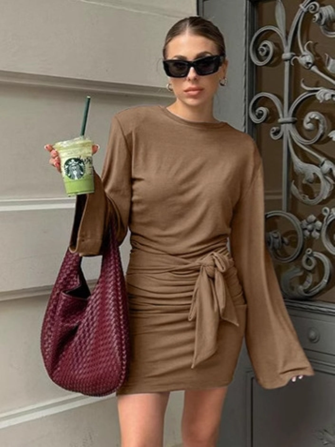 Casual Brown Tie-Waist Mini Dress with Long Sleeves