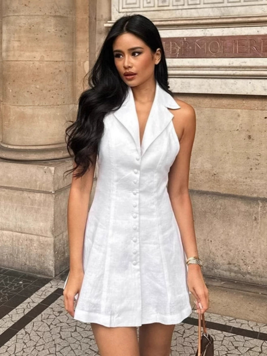 White Button Front Halter Mini Dress
