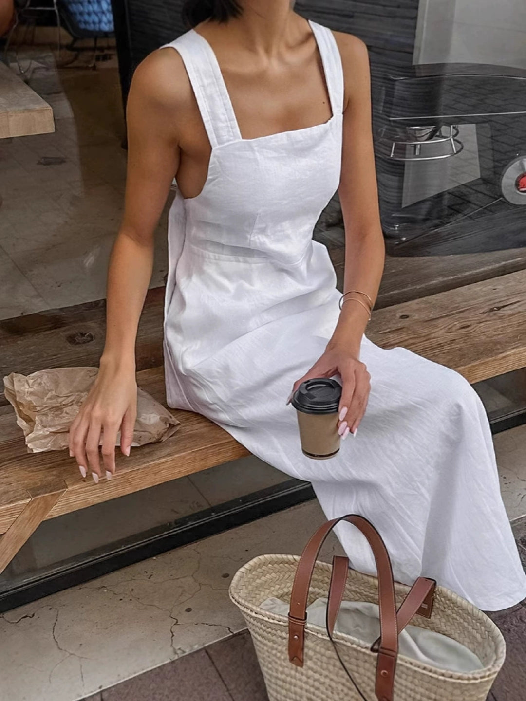 White Square Neck Linen Maxi Dress