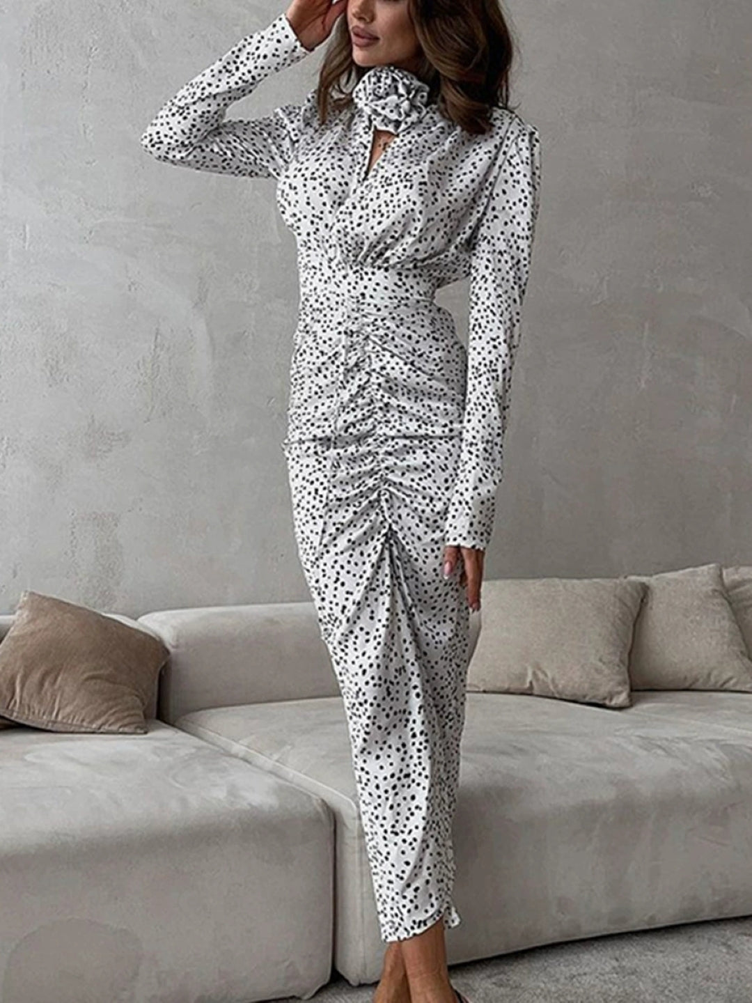 White Polka Dot Ruched Midi Dress