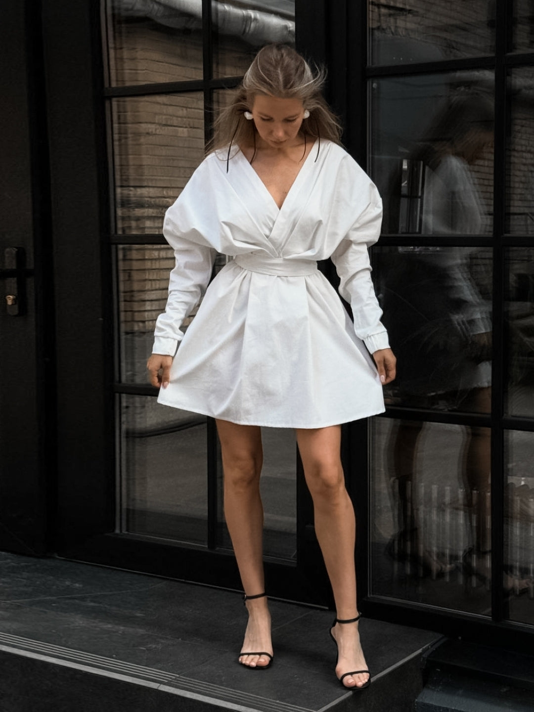 White Long Sleeve Wrap Mini Dress