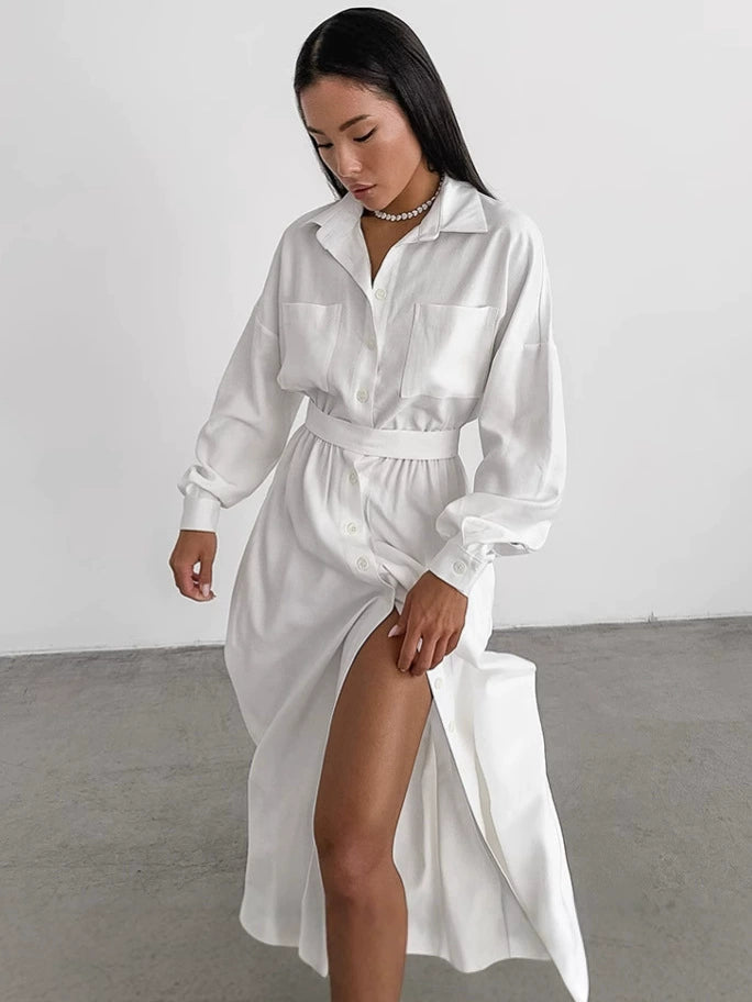 White Long Sleeve Maxi Shirt Dress