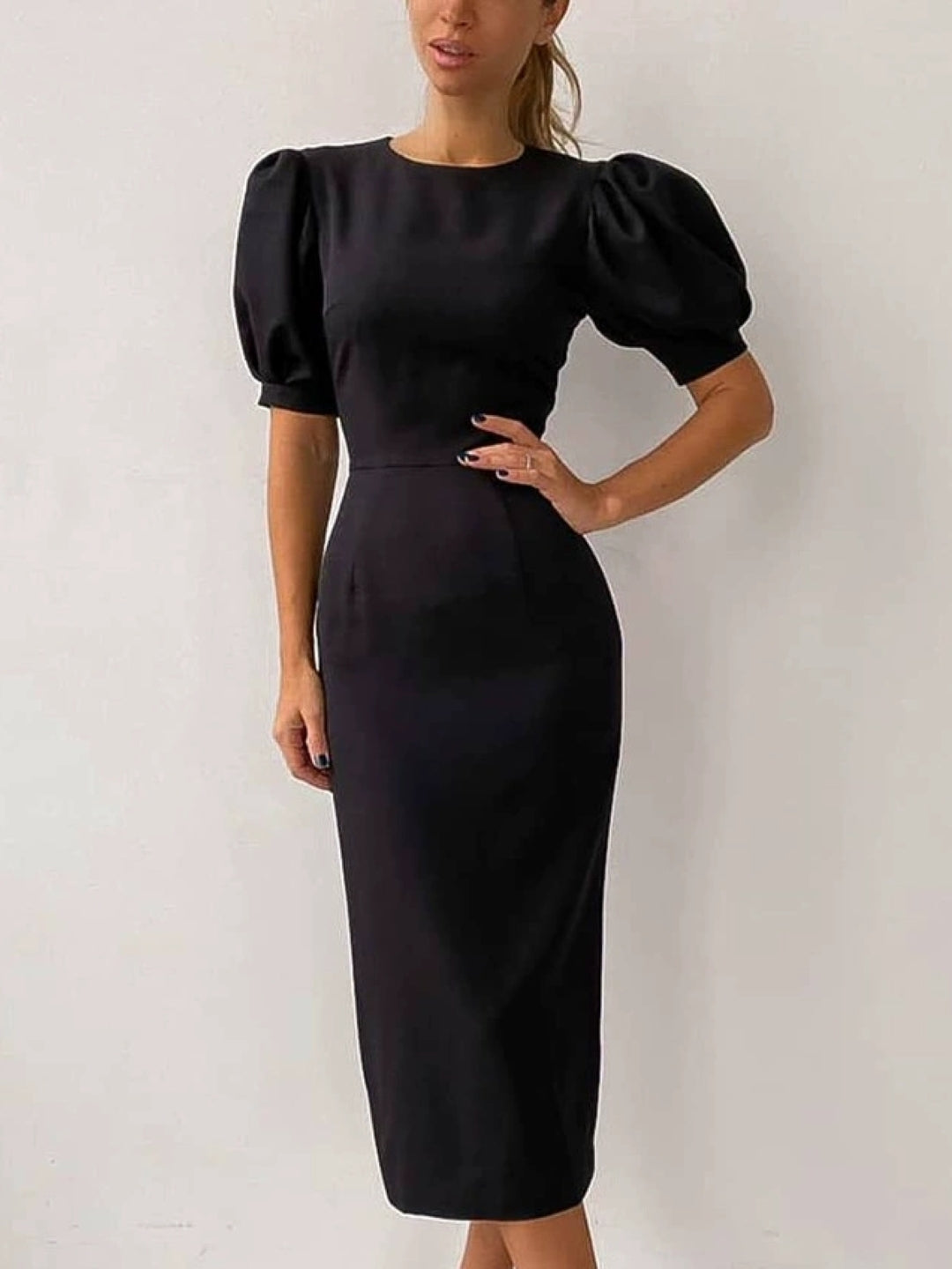 Black Puff Sleeve Midi Dress