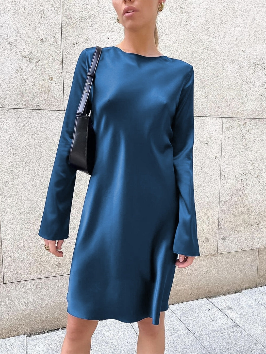 Teal Satin Long Sleeve Shift Dress