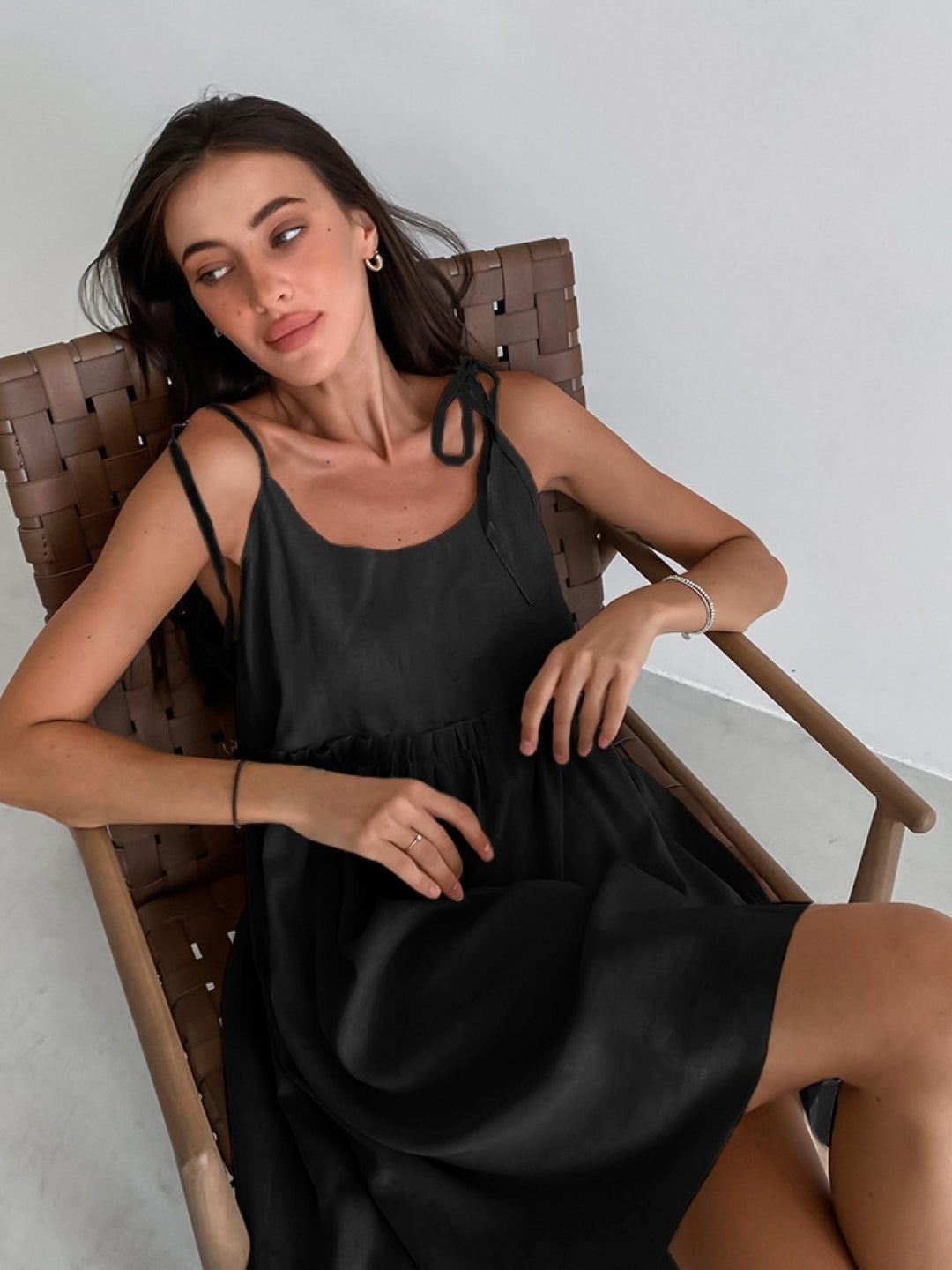 Black Tie-Strap Mini Dress,