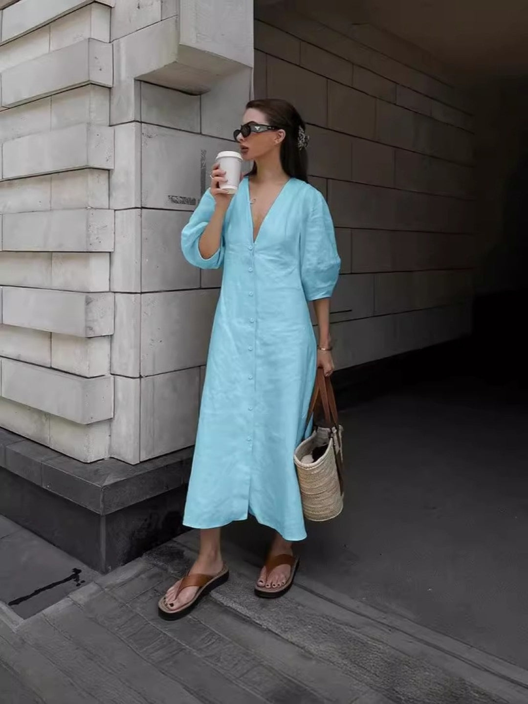 Blue V-Neck Button-Down Maxi Dress