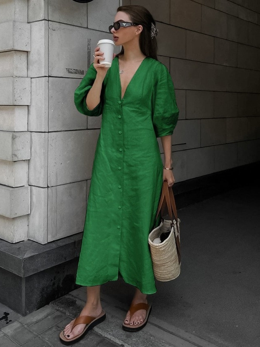 Emerald Button-Front Midi Dress