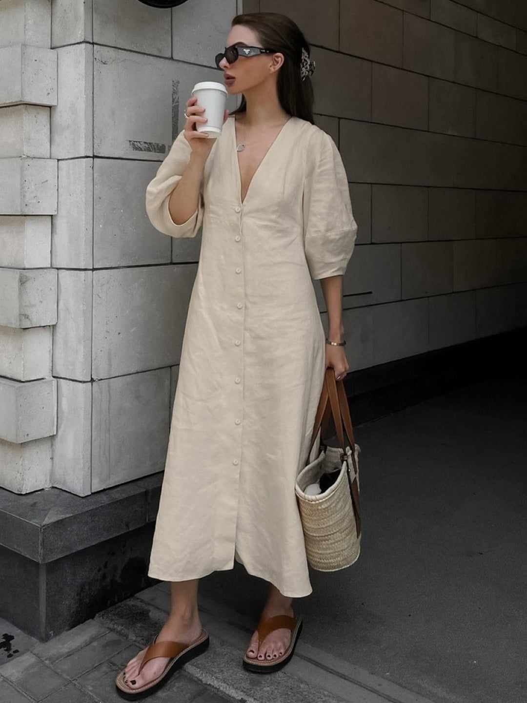 Khaki Button-Front Midi Dress