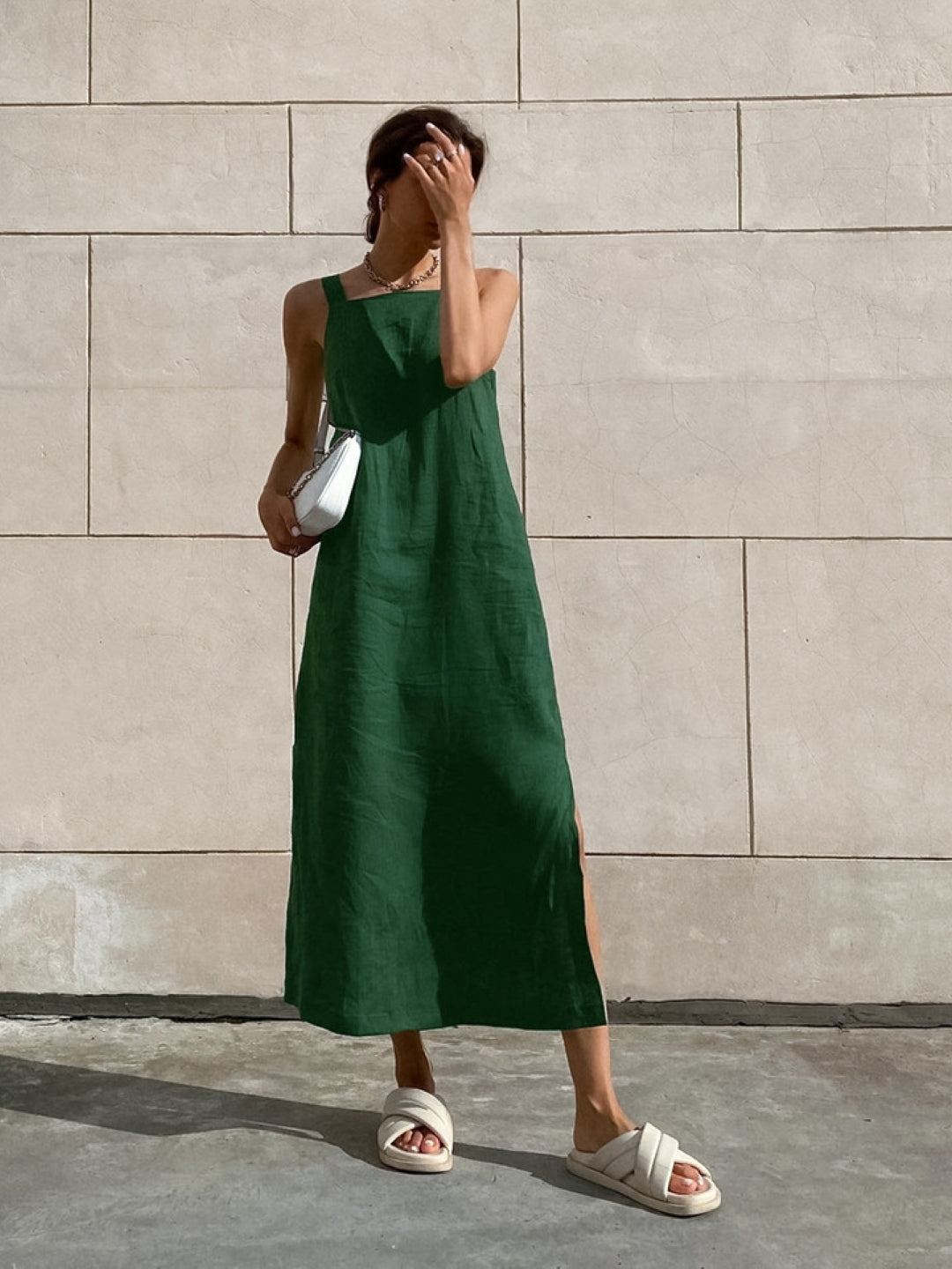 Green Linen Slip Midi Dress