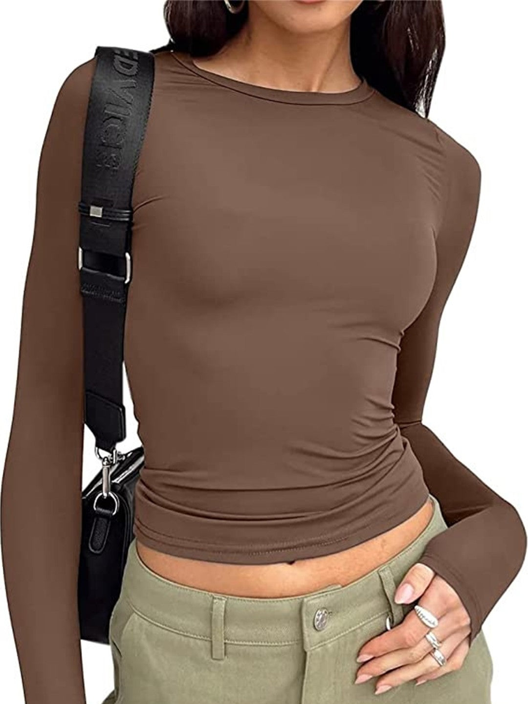 Brown Round Neck Long Sleeves Solid Polyester Top