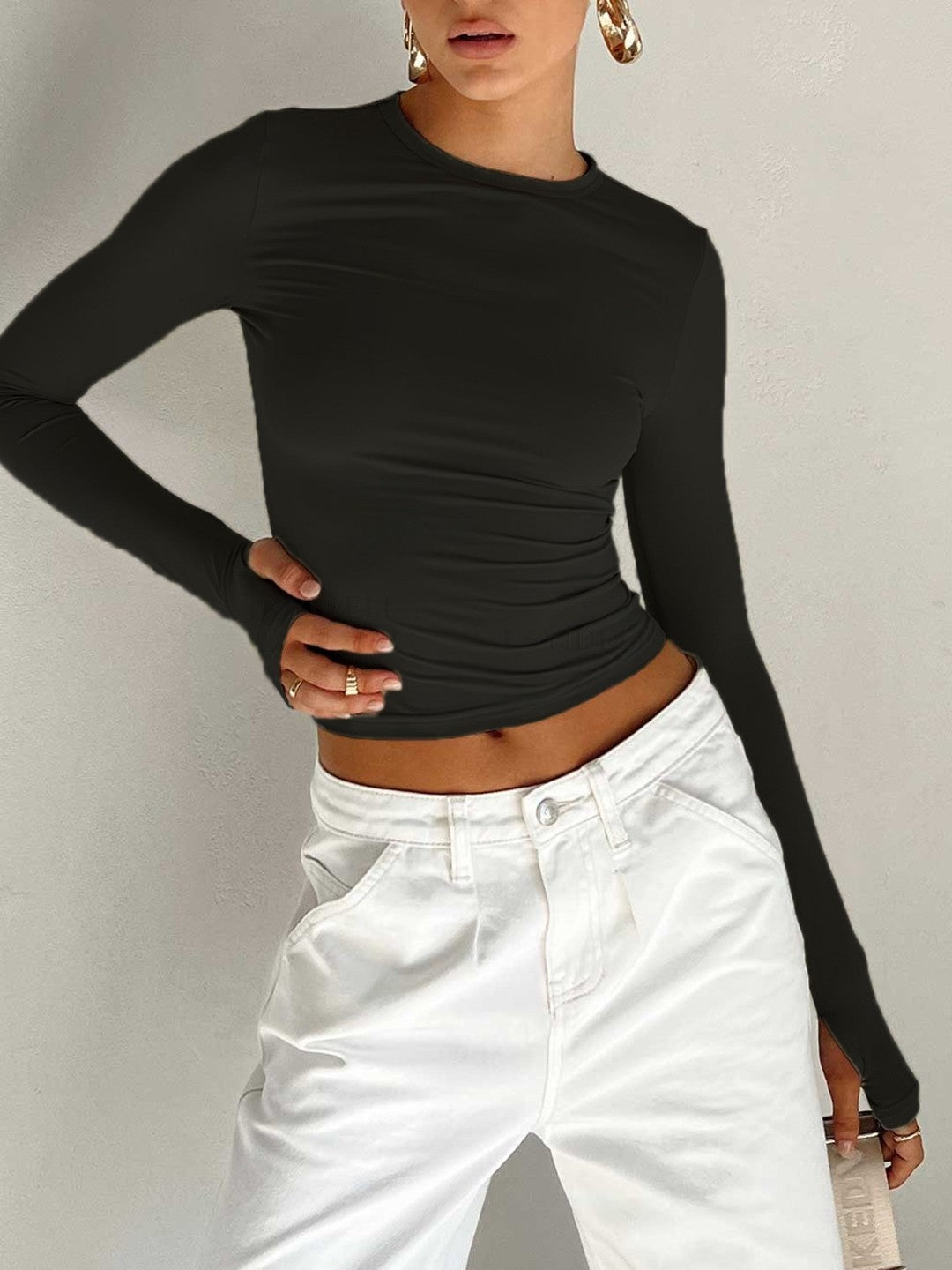 Black Round Neck Long Sleeves Solid Polyester Top