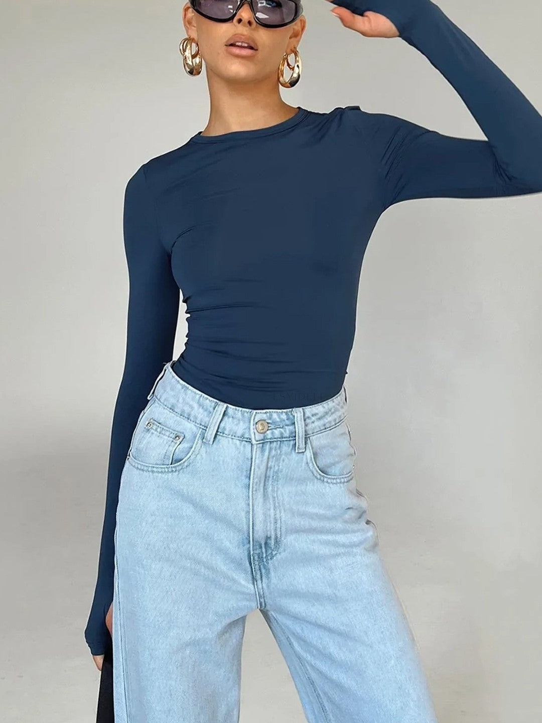 Blue Round Neck Long Sleeves Solid Polyester Top