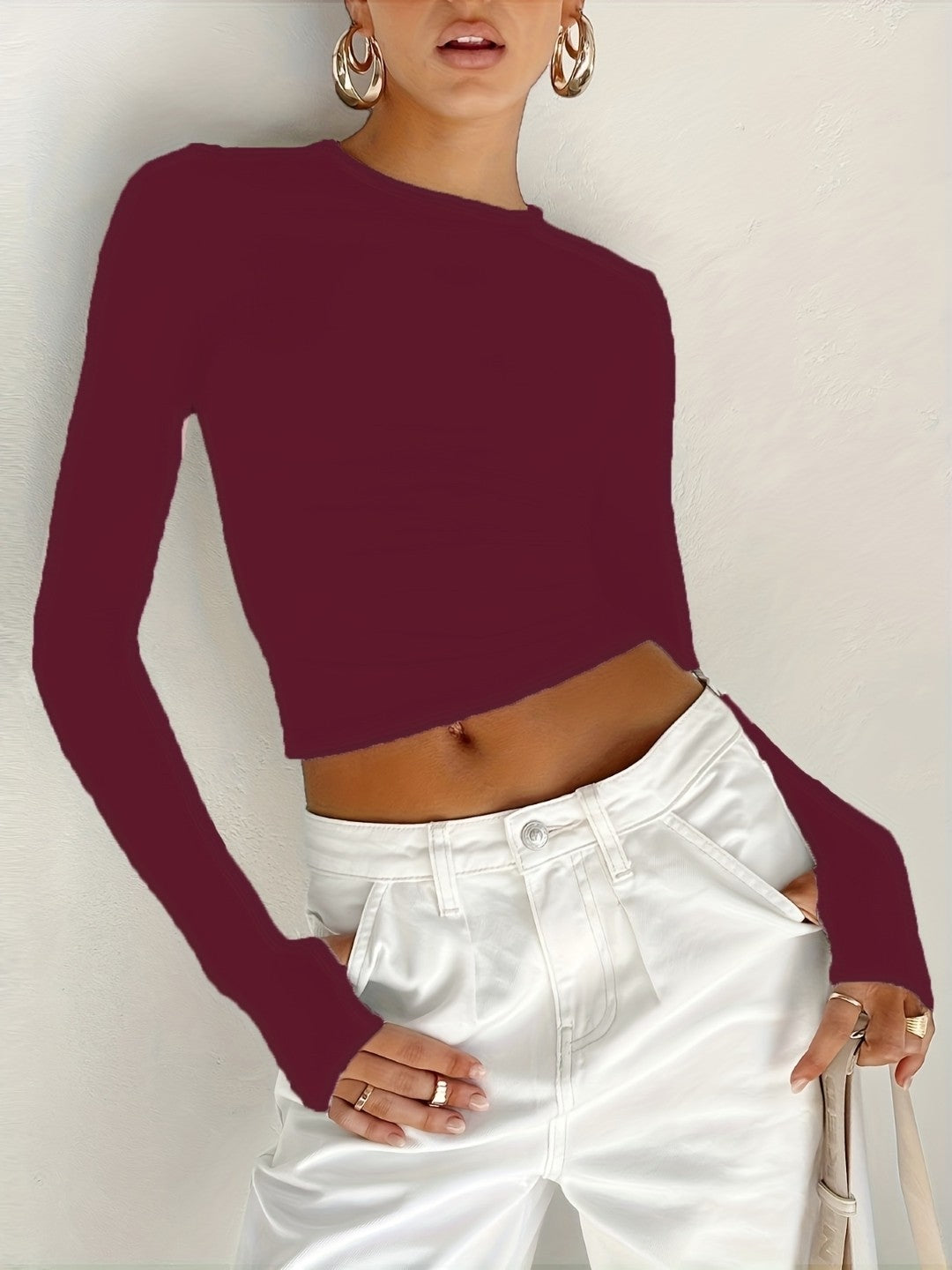 Burgundy Round Neck Long Sleeves Solid Polyester Top