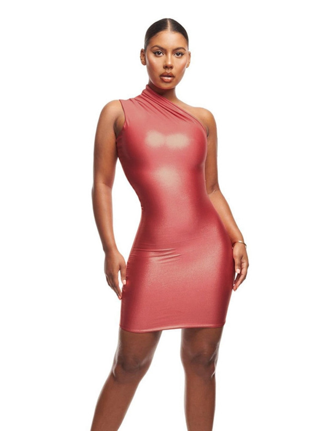 Dark Pink One Shoulder Bodycon Sleeveless Solid Above Knee Polyester Dress