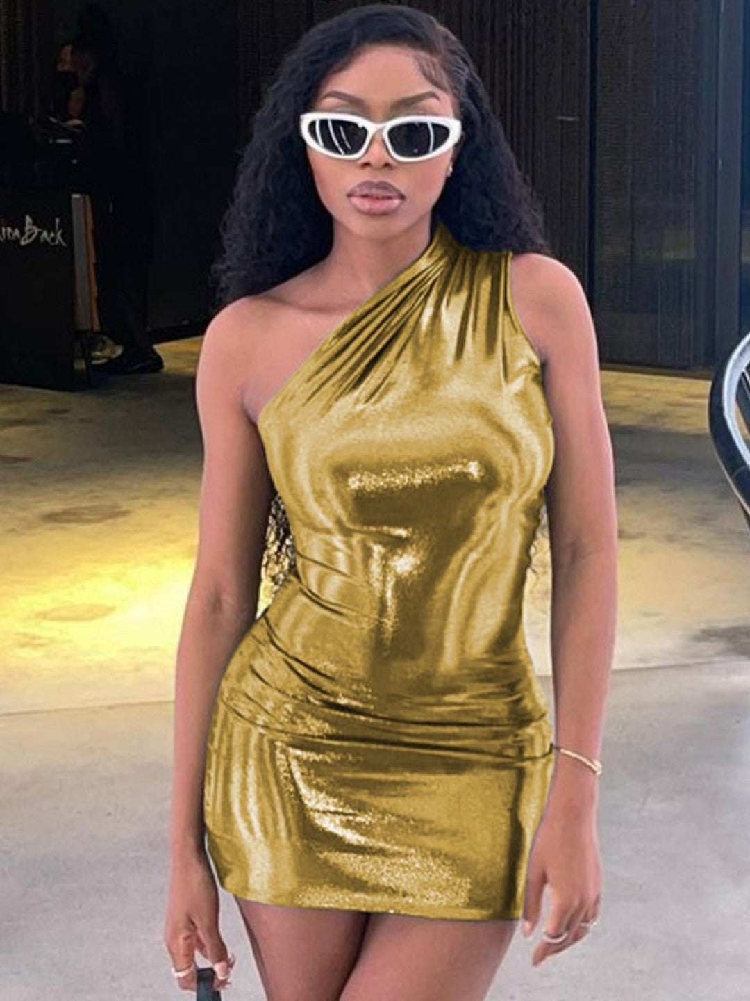 Gold One Shoulder Bodycon Sleeveless Solid Above Knee Polyester Dress