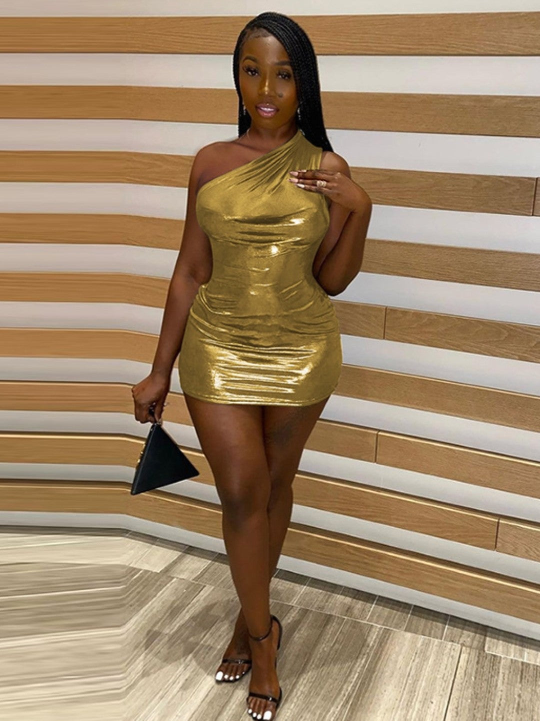 Gold One Shoulder Bodycon Sleeveless Solid Above Knee Polyester Dress