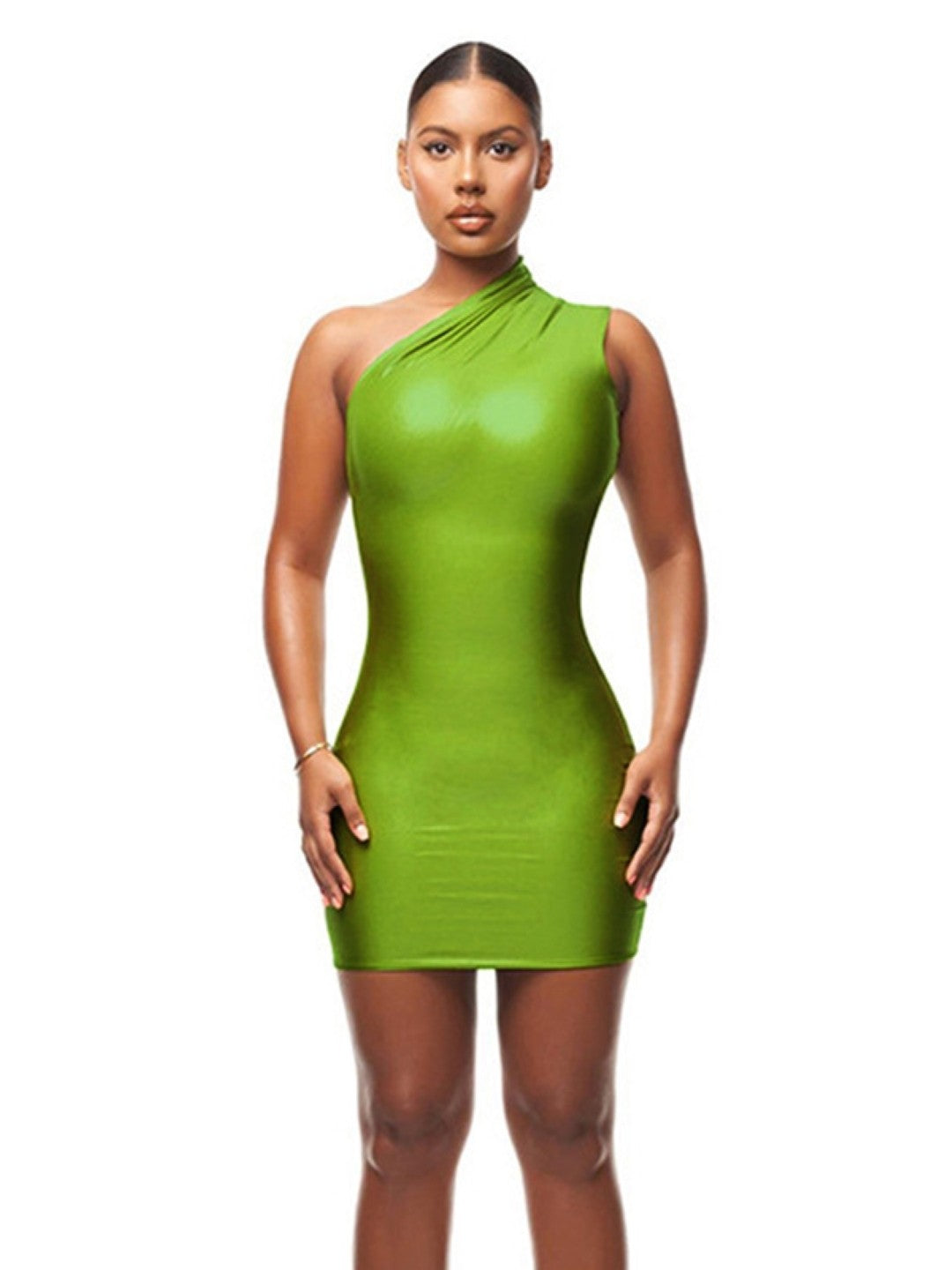 Green One Shoulder Bodycon Sleeveless Solid Above Knee Polyester Dress