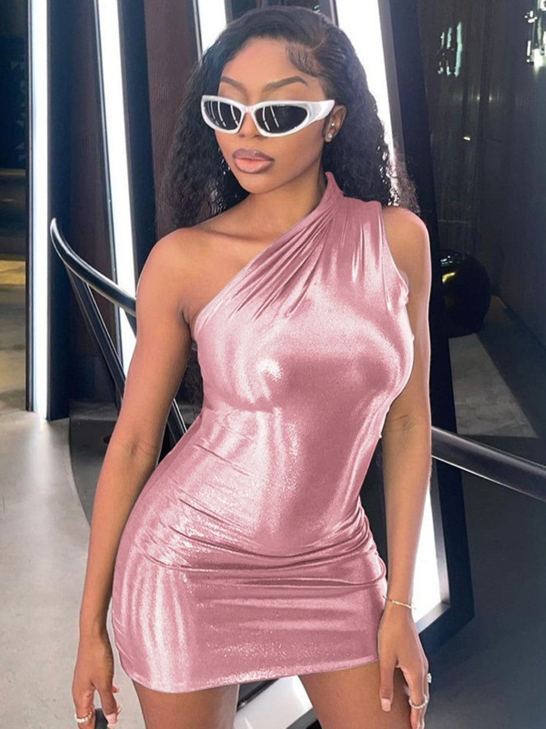 Pink One Shoulder Bodycon Sleeveless Solid Above Knee Polyester Dress