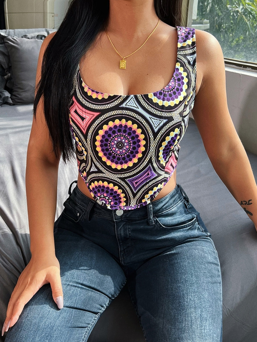 Purple Square Neck Geometric Sleeveless Polyester Casual Top