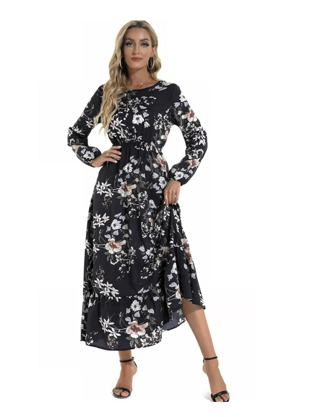 Black Round Neck A-Line Long Sleeves Floral Maxi Polyester Dress