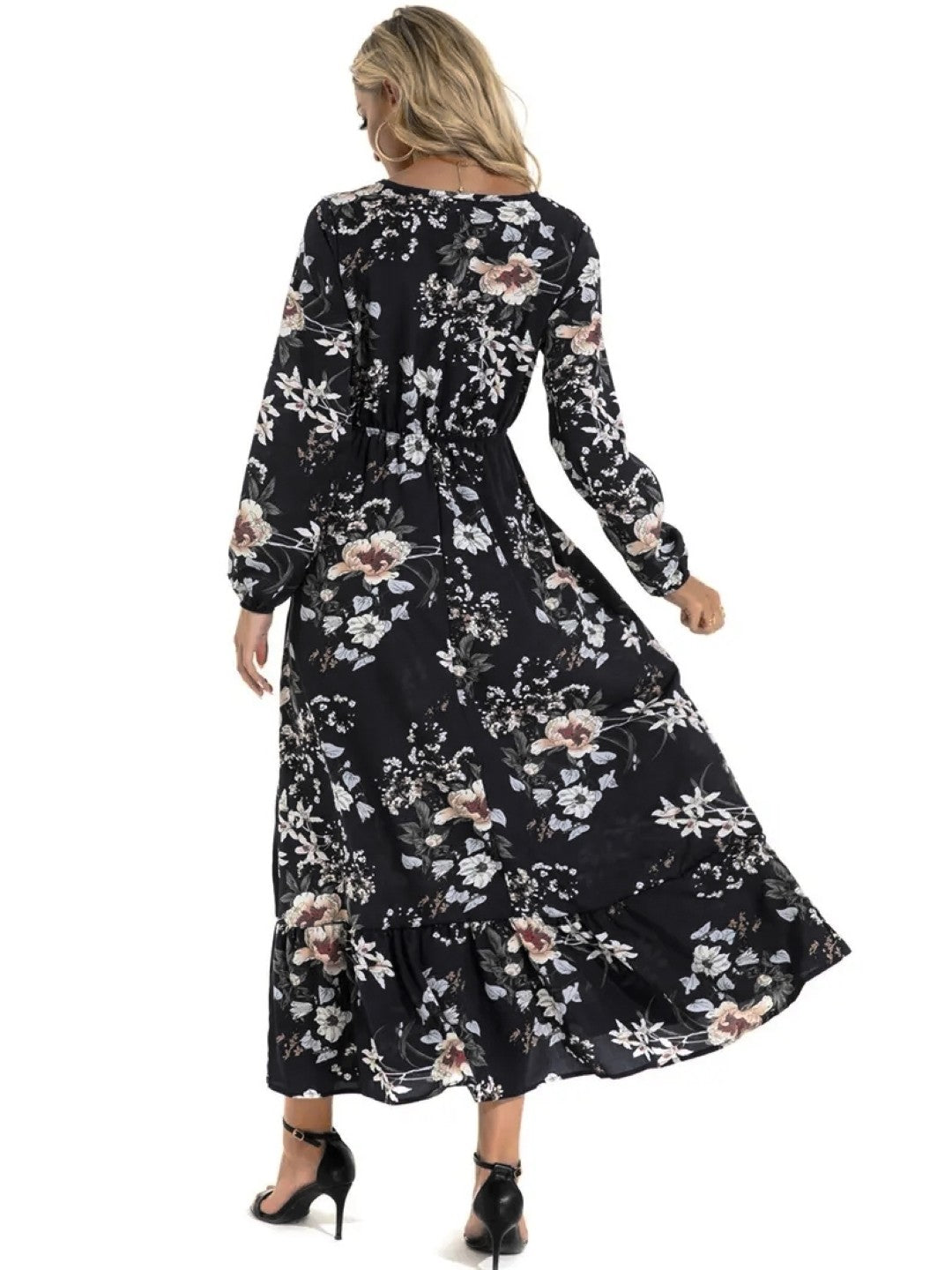 Black Round Neck A-Line Long Sleeves Floral Maxi Polyester Dress