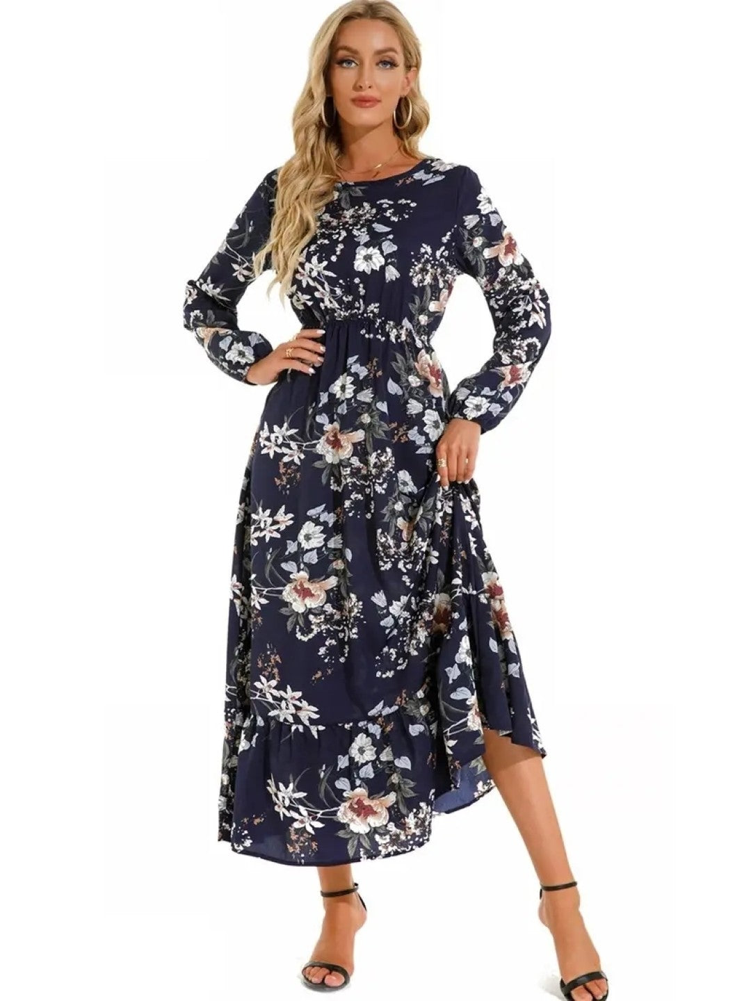 Blue Round Neck A-Line Long Sleeves Floral Maxi Polyester Dress