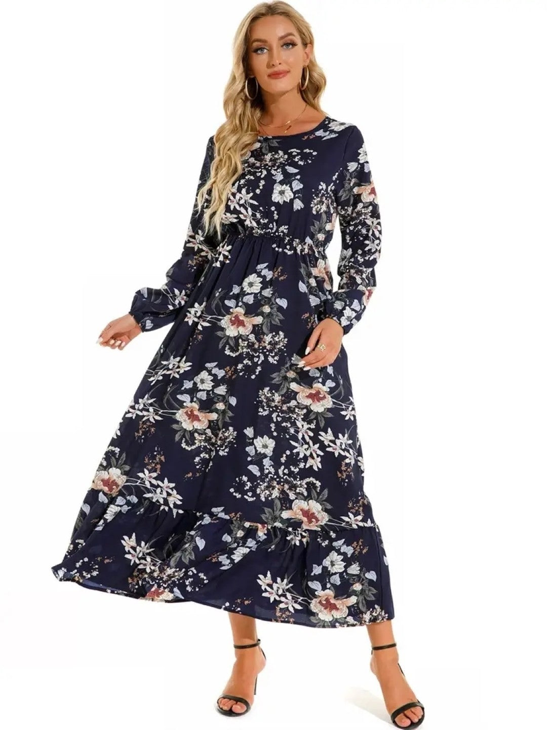 Blue Round Neck A-Line Long Sleeves Floral Maxi Polyester Dress