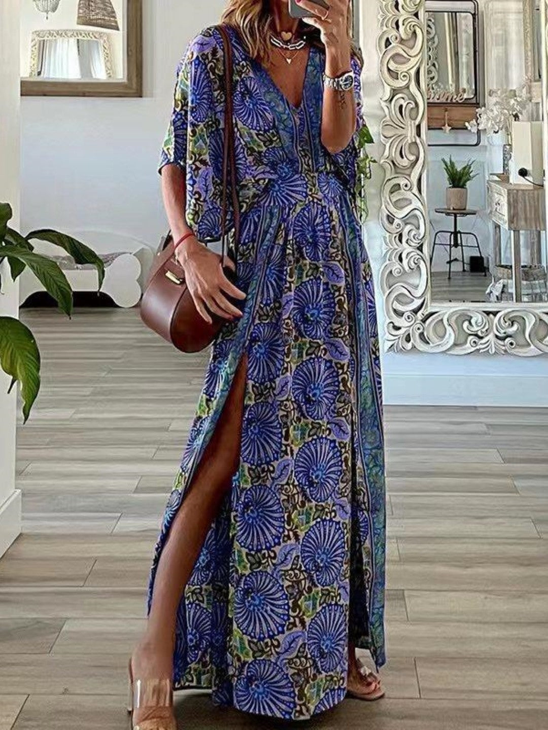 White V-Neck A-Line Abstract Maxi Three-Quarter Sleeves Polyester Dress