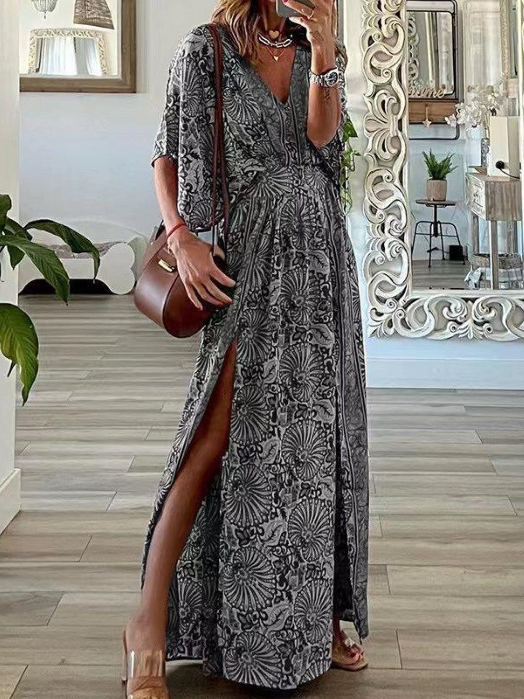 White V-Neck A-Line Abstract Maxi Three-Quarter Sleeves Polyester Dress