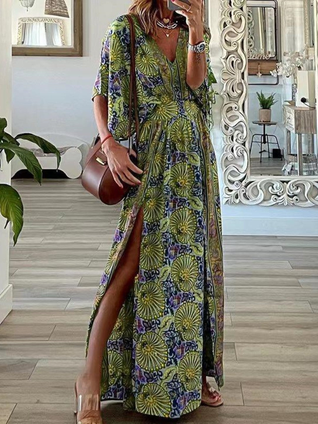 White V-Neck A-Line Abstract Maxi Three-Quarter Sleeves Polyester Dress