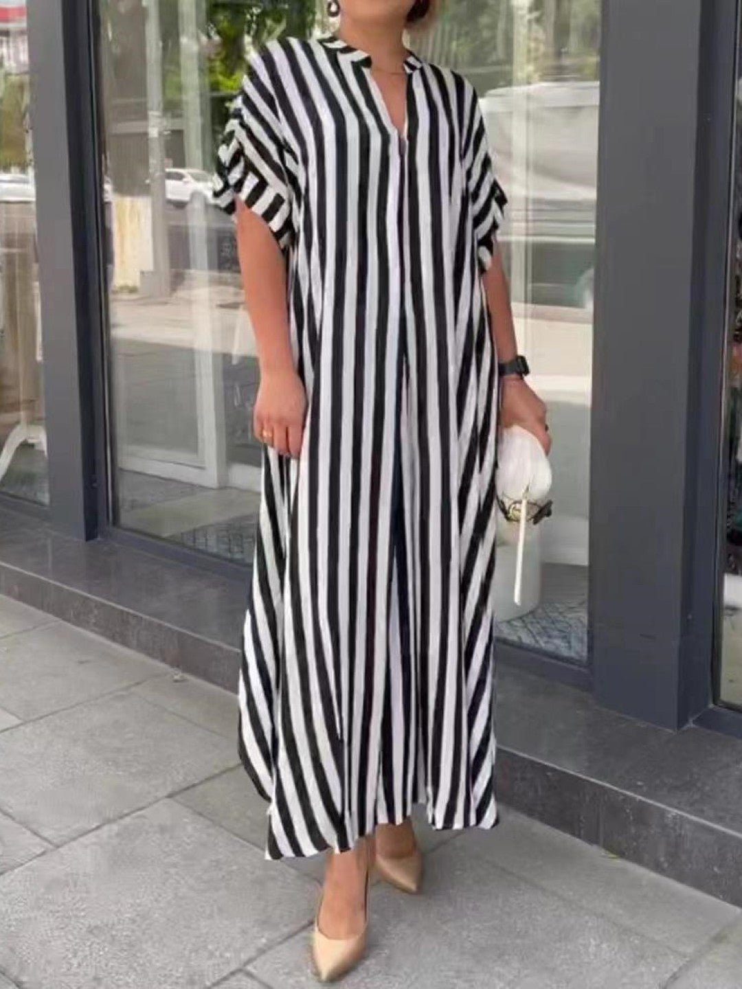 White V-Neck A-Line Abstract Maxi Three-Quarter Sleeves Polyester Dress