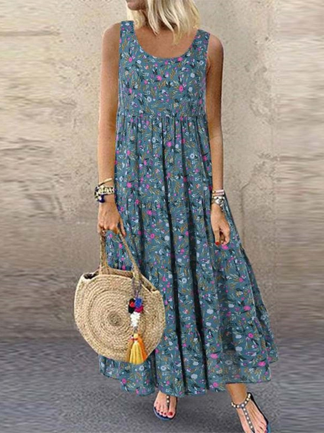 Blue Round Neck A-Line Sleeveless Floral Maxi Polyester Dress