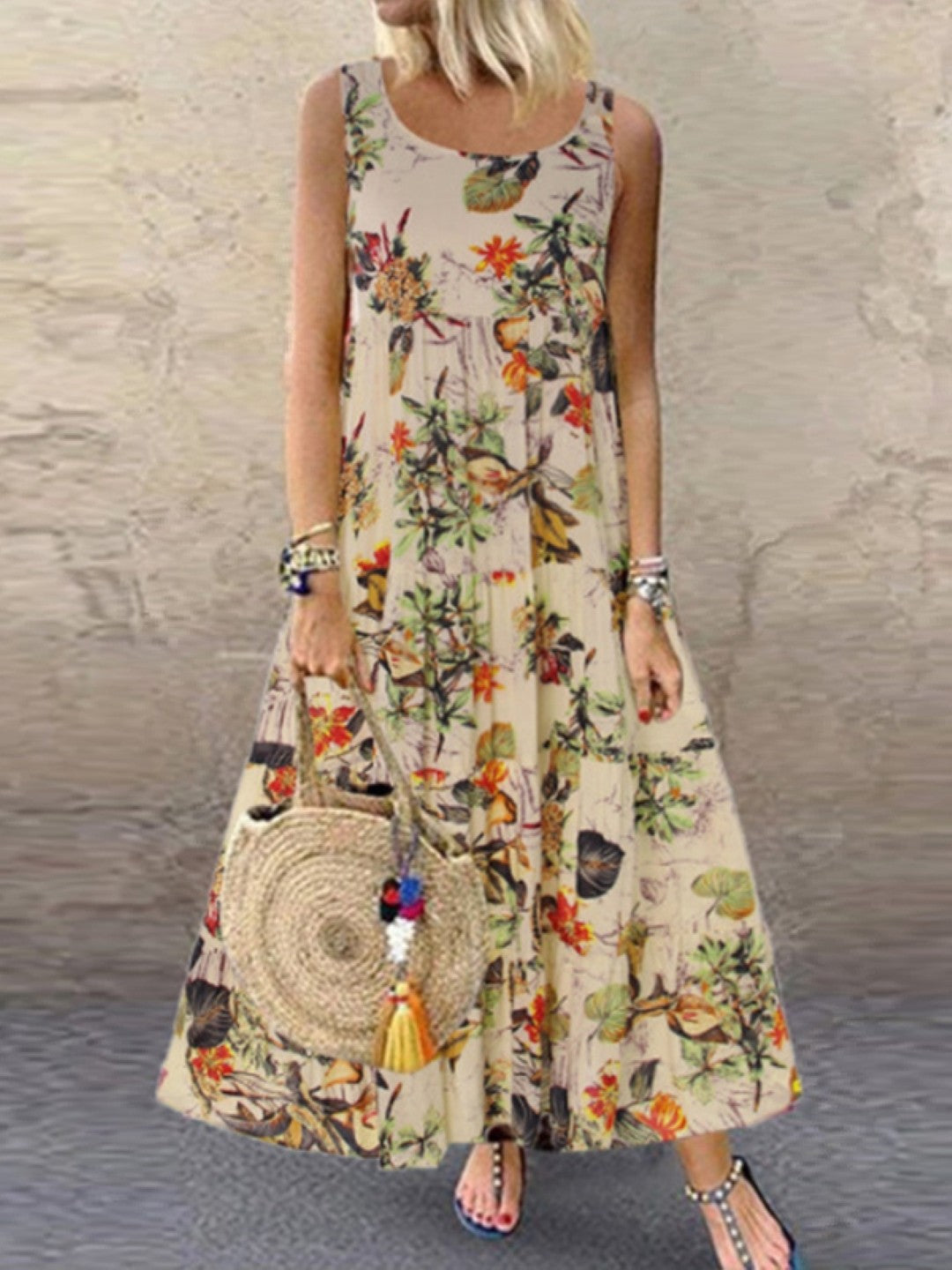 Orange Round Neck A-Line Sleeveless Floral Maxi Polyester Dress