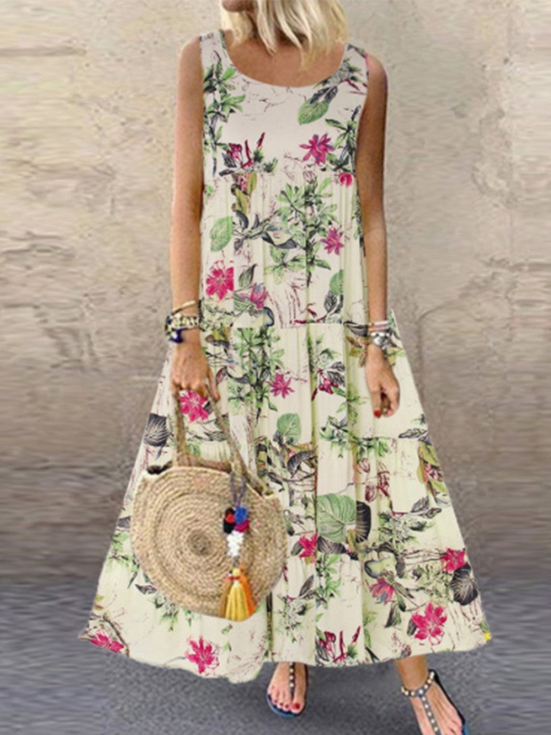 Purple Round Neck A-Line Sleeveless Floral Maxi Polyester Dress