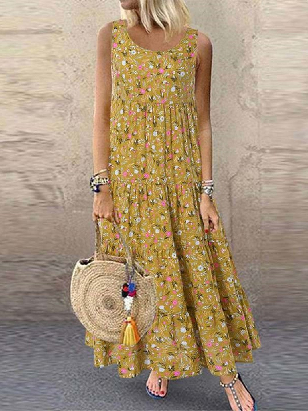 Yellow Round Neck A-Line Sleeveless Floral Maxi Polyester Dress