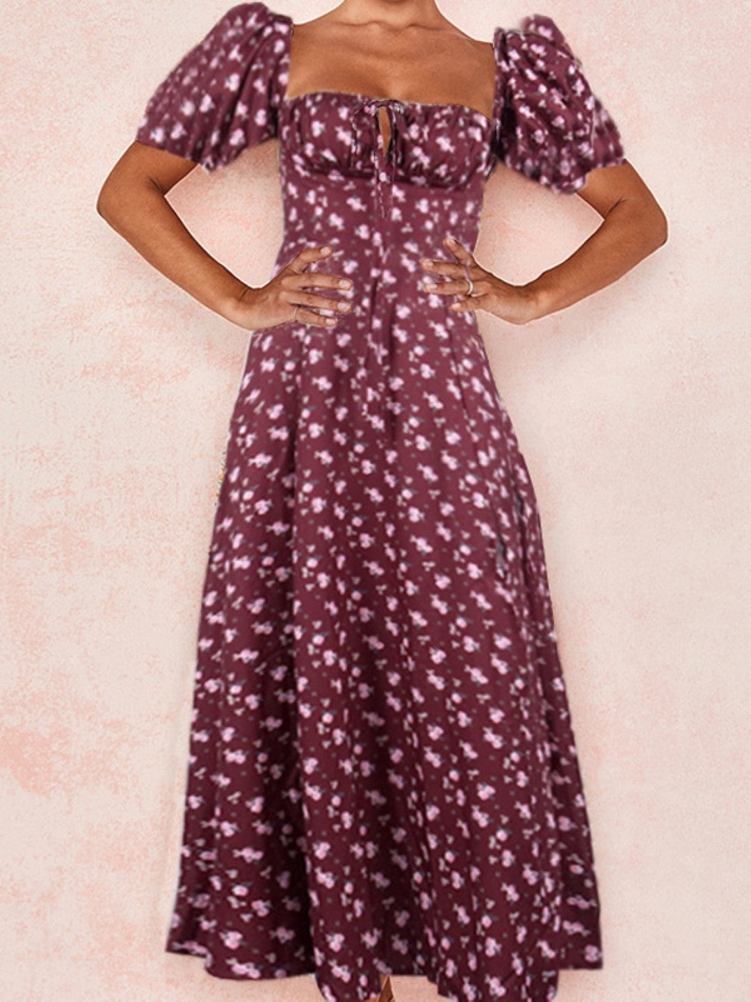 Burgundy Square Neck A-Line Short Sleeves Floral Maxi Polyester Dress