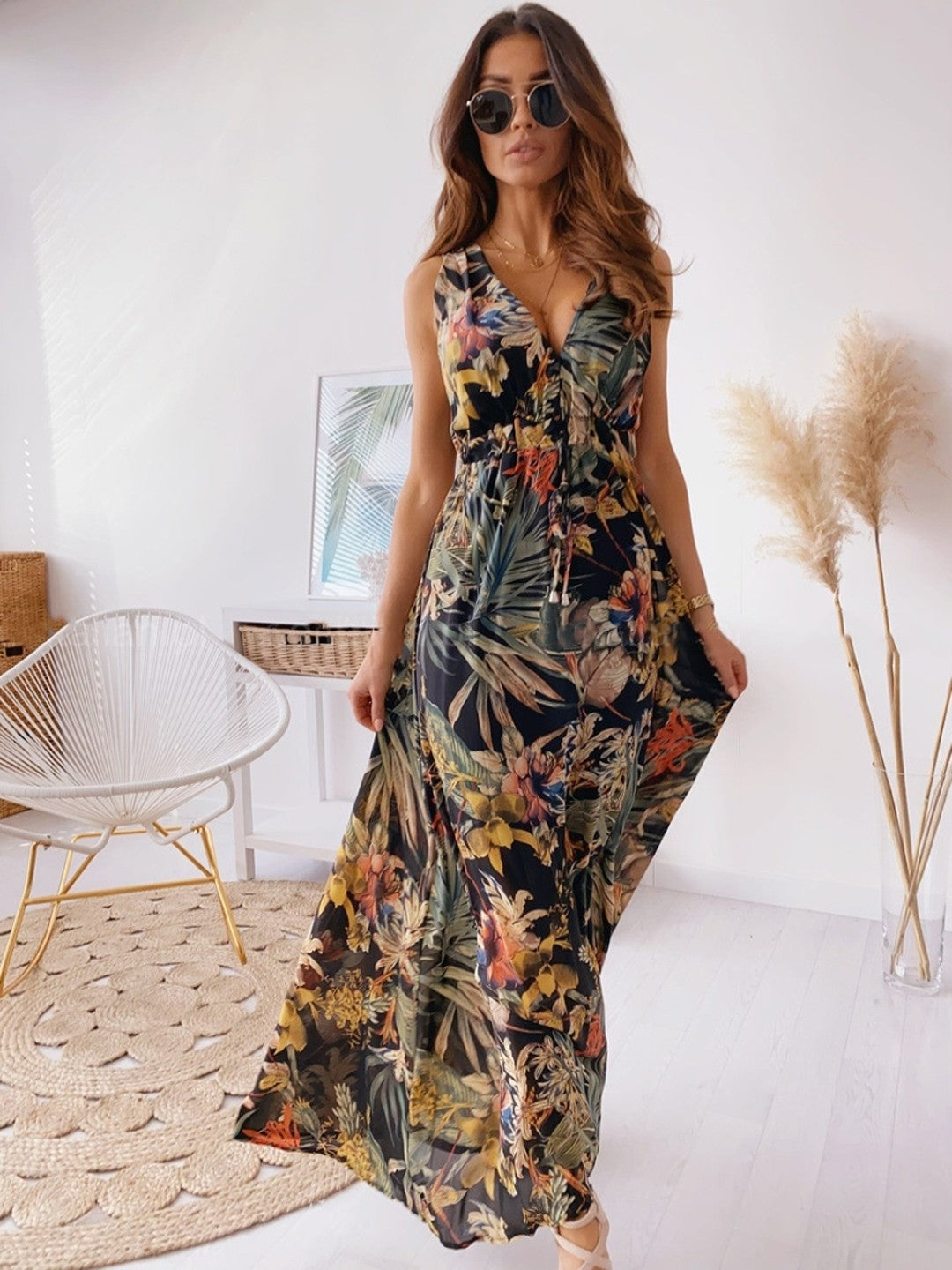 Black V-Neck A-Line Sleeveless Tropical Maxi Polyester Dress