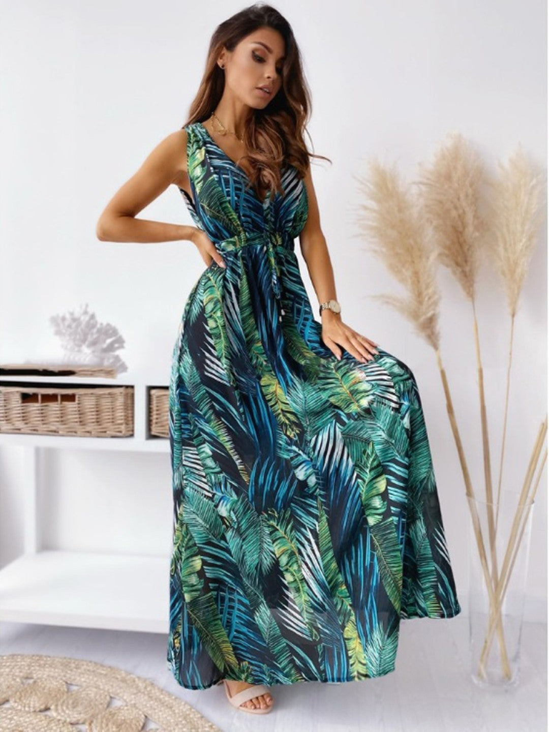 Green V-Neck A-Line Sleeveless Tropical Maxi Polyester Dress