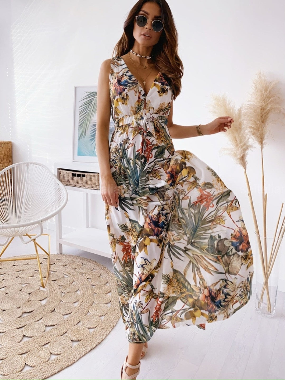 White V-Neck A-Line Sleeveless Tropical Maxi Polyester Dress