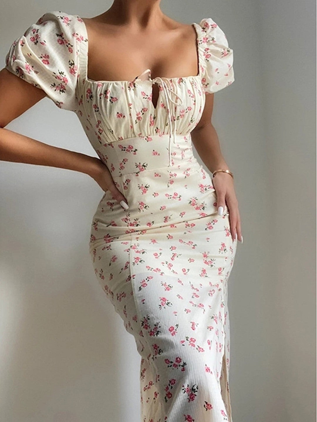 Cream Square Neck Bodycon Short Sleeves Floral Maxi Polyester Dress