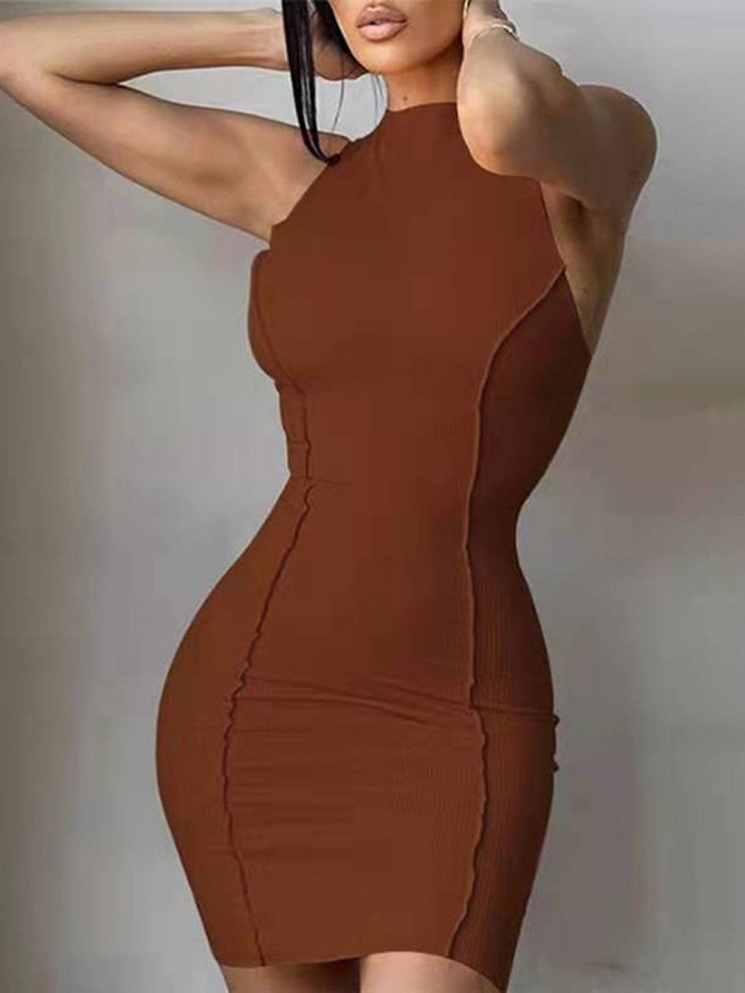 Brown Round Neck Bodycon Sleeveless Solid Above Knee Polyester Dress