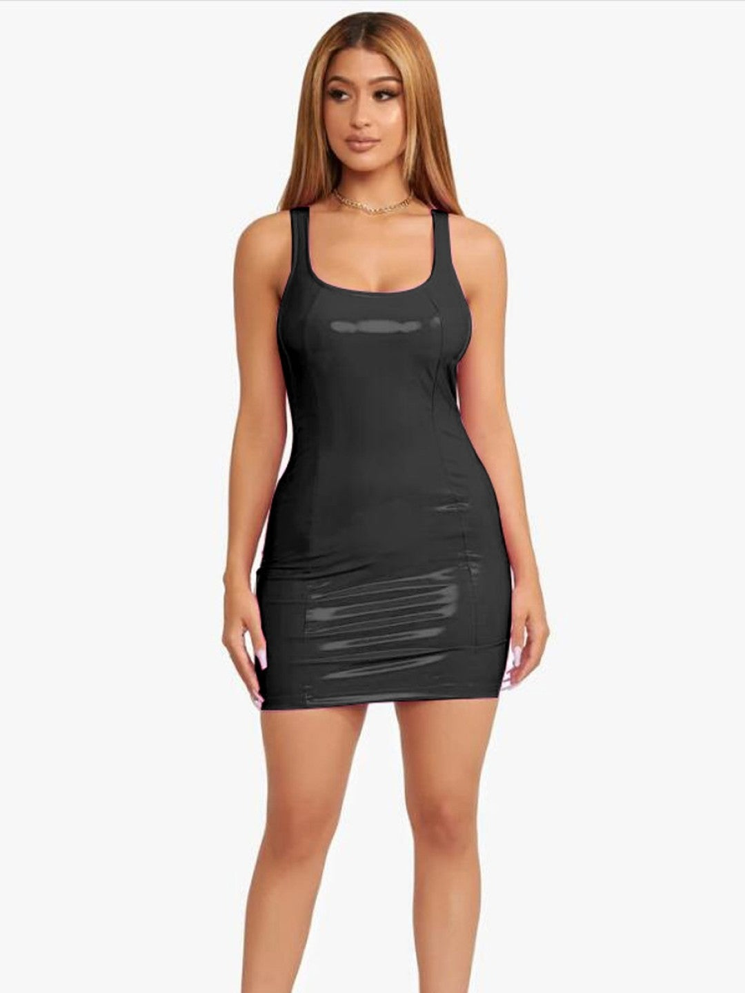 Black Round Neck Bodycon Sleeveless Solid Above Knee Polyester Dress