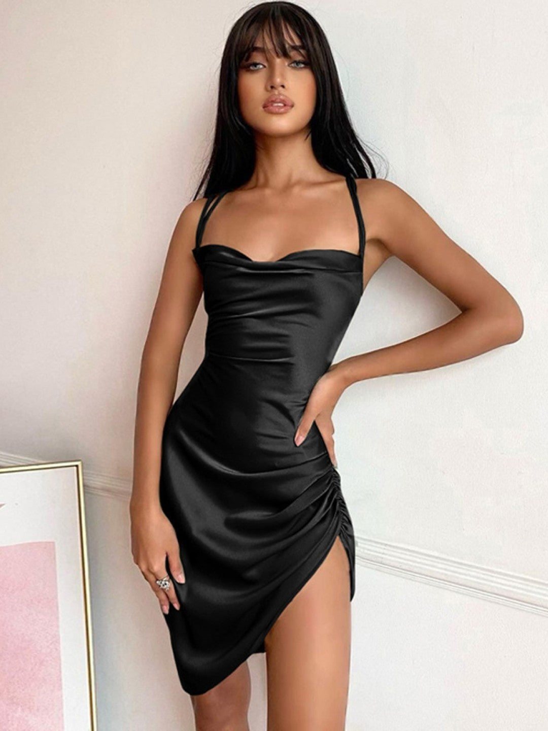 Black Shoulder Straps Bodycon Sleeveless Solid Above Knee Polyester Dress